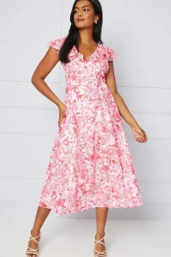 Petite Floral Jacquard Ruffle Sleeve Midi Dress