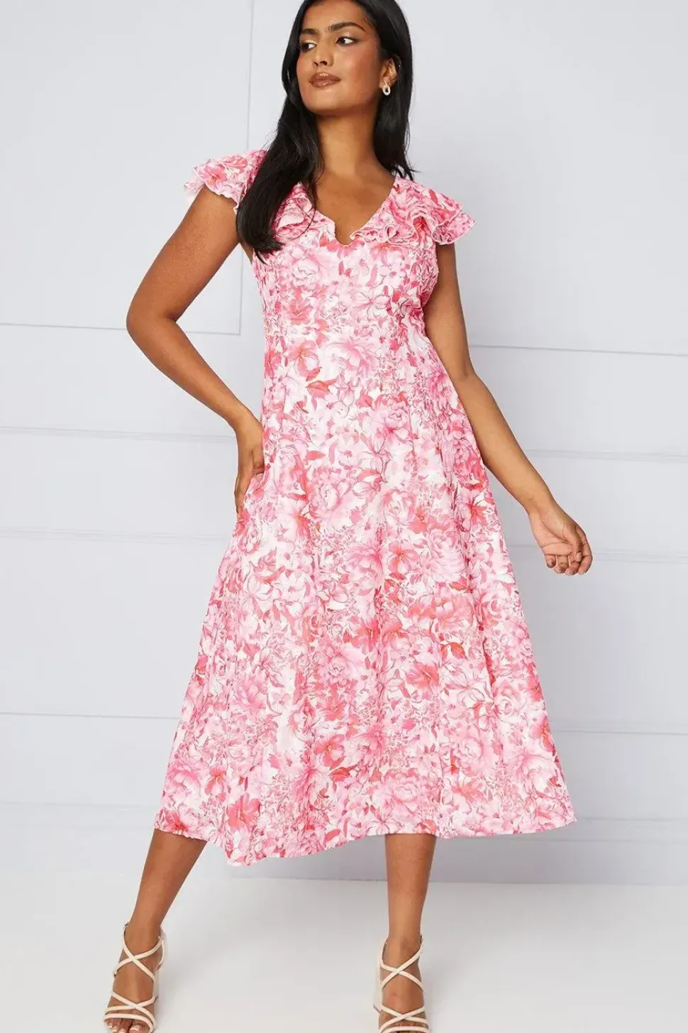 Petite Floral Jacquard Ruffle Sleeve Midi Dress