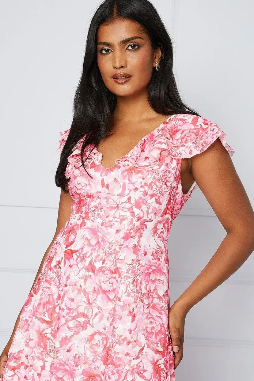 Petite Floral Jacquard Ruffle Sleeve Midi Dress