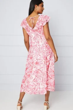 Petite Floral Jacquard Ruffle Sleeve Midi Dress