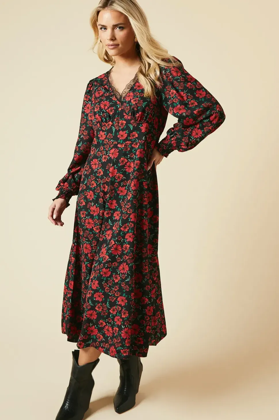 Petite Floral Lace Trim Midi Dress
