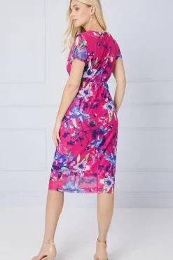 Petite Floral Mesh Ruched Midi Dress