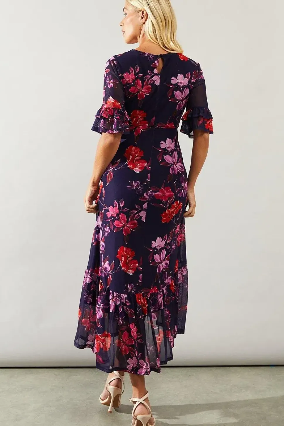 Petite Floral Mesh Ruffle Sleeve Midaxi Dress
