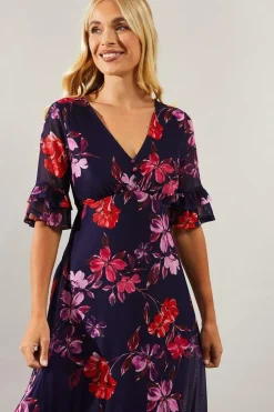 Petite Floral Mesh Ruffle Sleeve Midaxi Dress