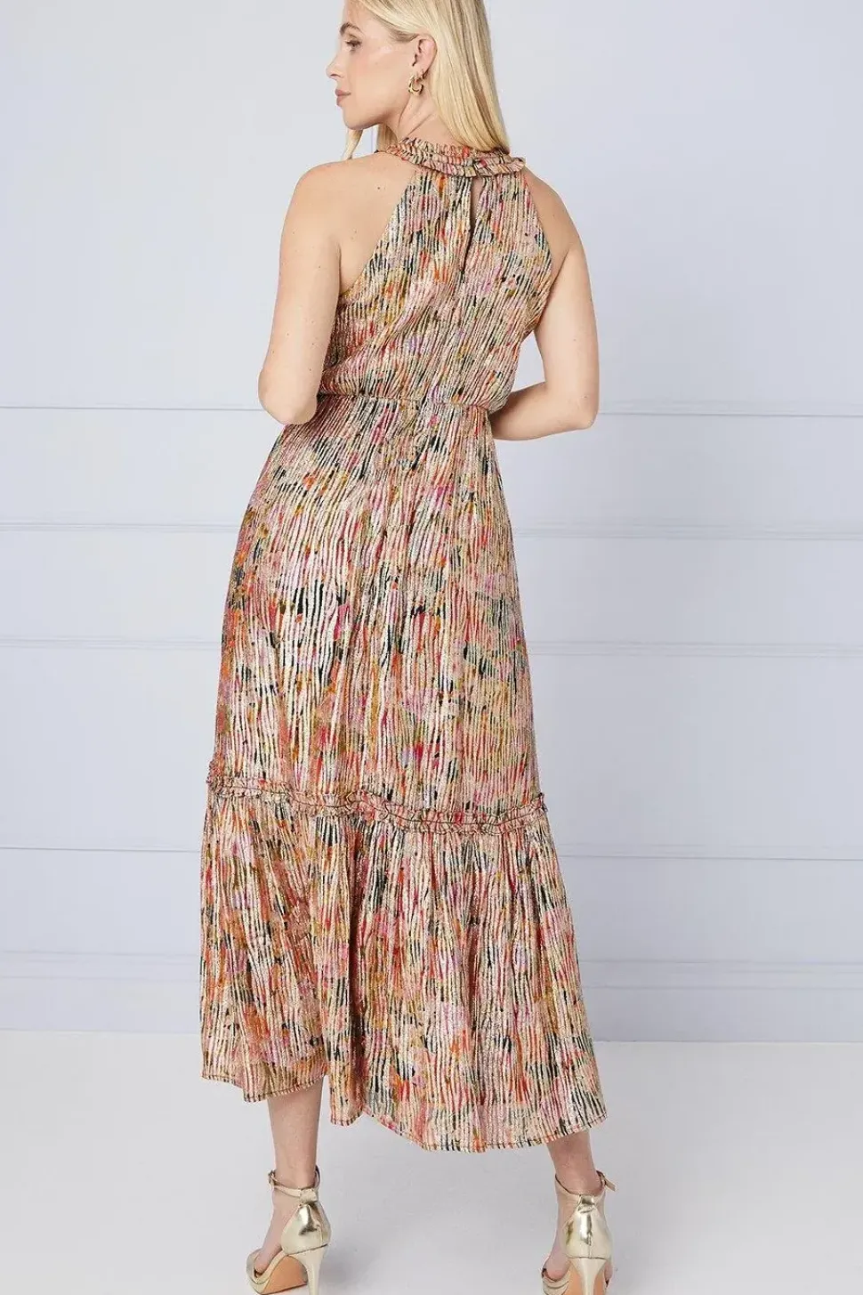 Petite Floral Metallic Ruffle Halterneck Midaxi Dress