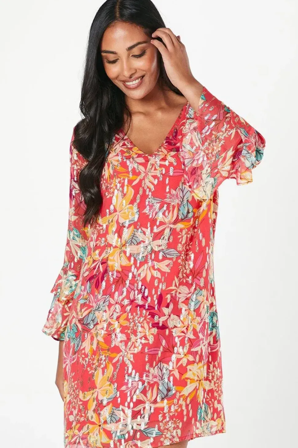 Petite Floral Metallic Ruffle Sleeve Shift Dress