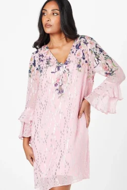 Petite Floral Metallic Ruffle Sleeve Shift Dress