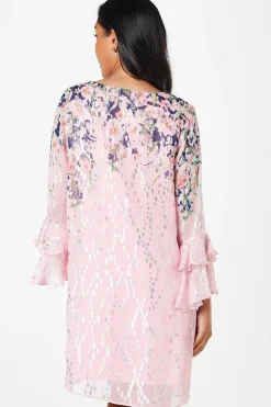 Petite Floral Metallic Ruffle Sleeve Shift Dress