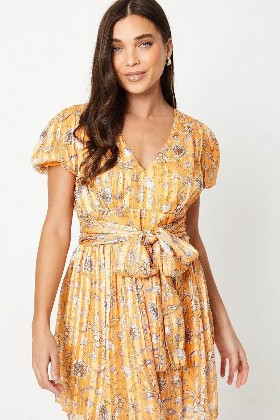 Petite Floral Metallic Stripe Chiffon Bow Front Puff Sleeve Mini Dress