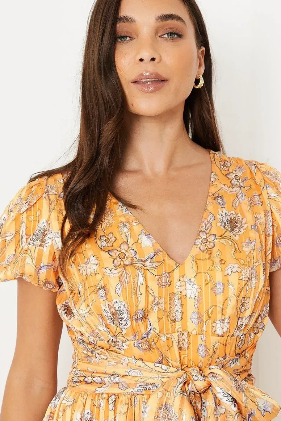 Petite Floral Metallic Stripe Chiffon Bow Front Puff Sleeve Mini Dress