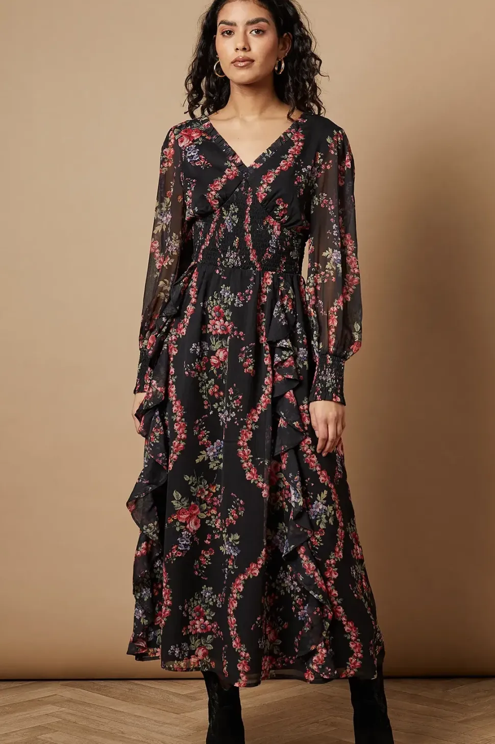 Petite Floral Printed Ruffle Detail Shirred Waist Midaxi Dress