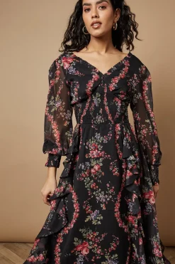 Petite Floral Printed Ruffle Detail Shirred Waist Midaxi Dress