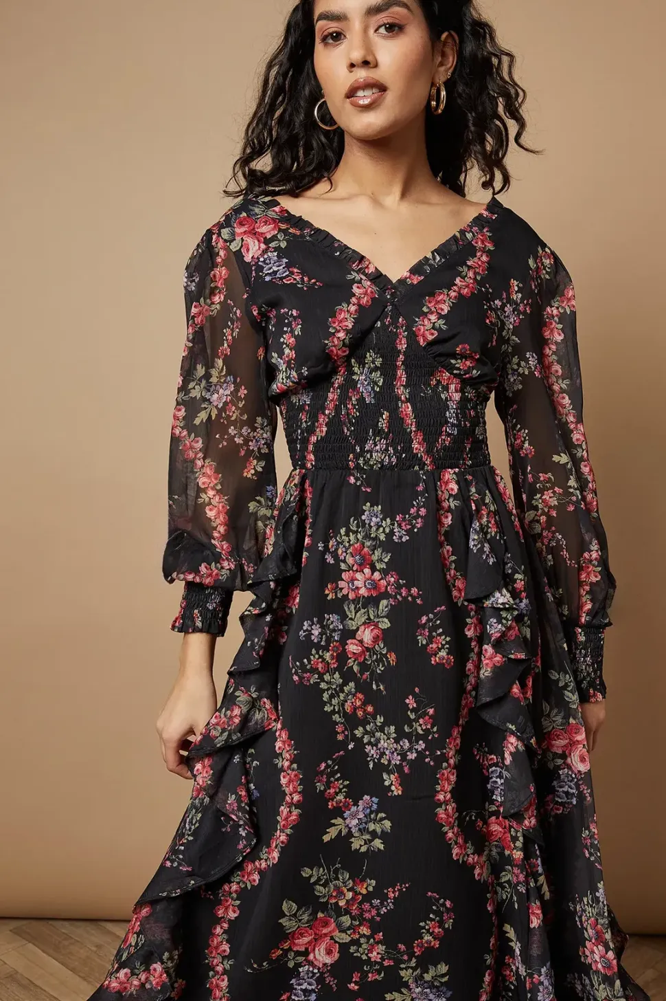 Petite Floral Printed Ruffle Detail Shirred Waist Midaxi Dress