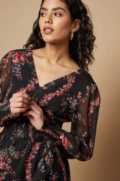 Petite Floral Printed Ruffle Detail Shirred Waist Midaxi Dress