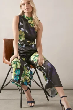 Petite Floral Printed Satin Belted Jumpsuit