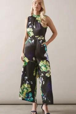 Petite Floral Printed Satin Belted Jumpsuit
