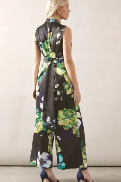 Petite Floral Printed Satin Belted Jumpsuit