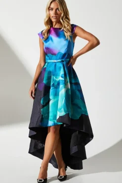 Petite Floral Print High Low Hem Wedding Guest Dress In Twill