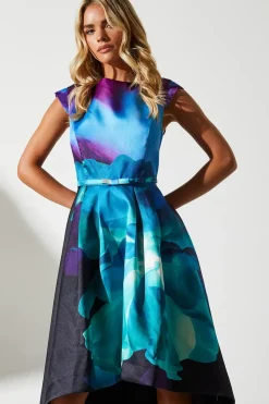 Petite Floral Print High Low Hem Wedding Guest Dress In Twill