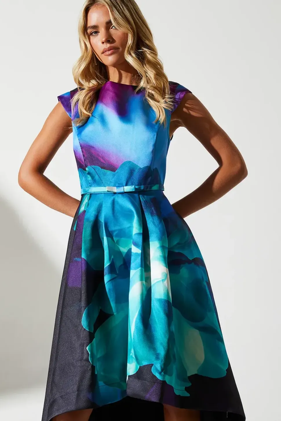 Petite Floral Print High Low Hem Wedding Guest Dress In Twill