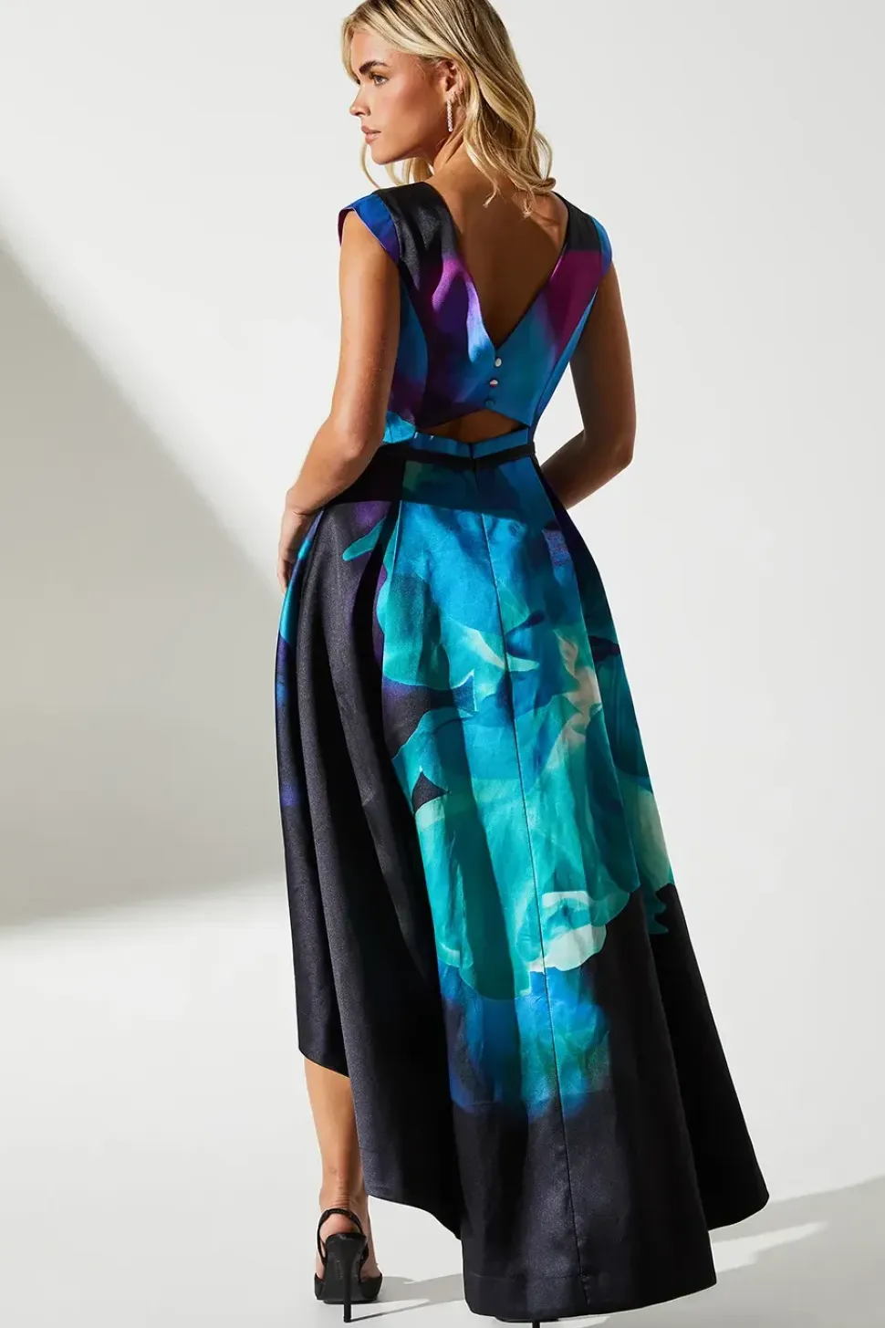 Petite Floral Print High Low Hem Wedding Guest Dress In Twill