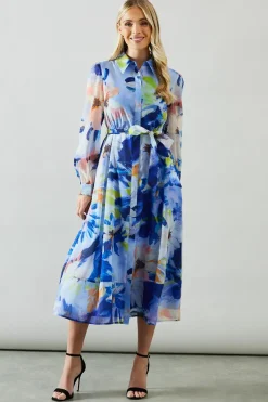 Petite Floral Print Organza Shirt Midi Dress