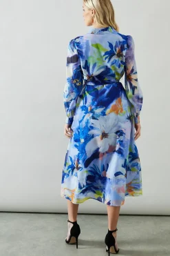 Petite Floral Print Organza Shirt Midi Dress