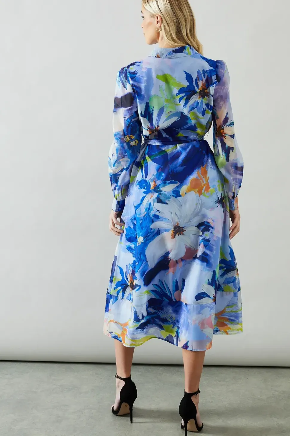 Petite Floral Print Organza Shirt Midi Dress