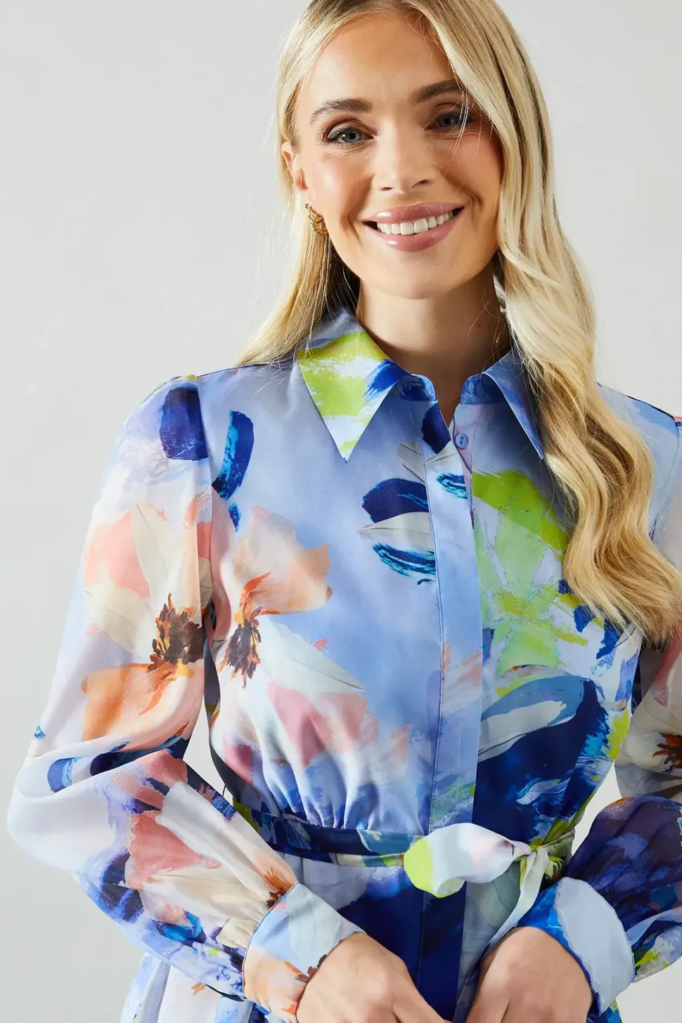 Petite Floral Print Organza Shirt Midi Dress