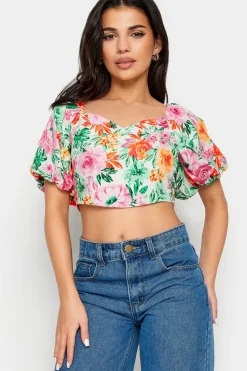Petite Floral Print Puff Sleeve Crop Top