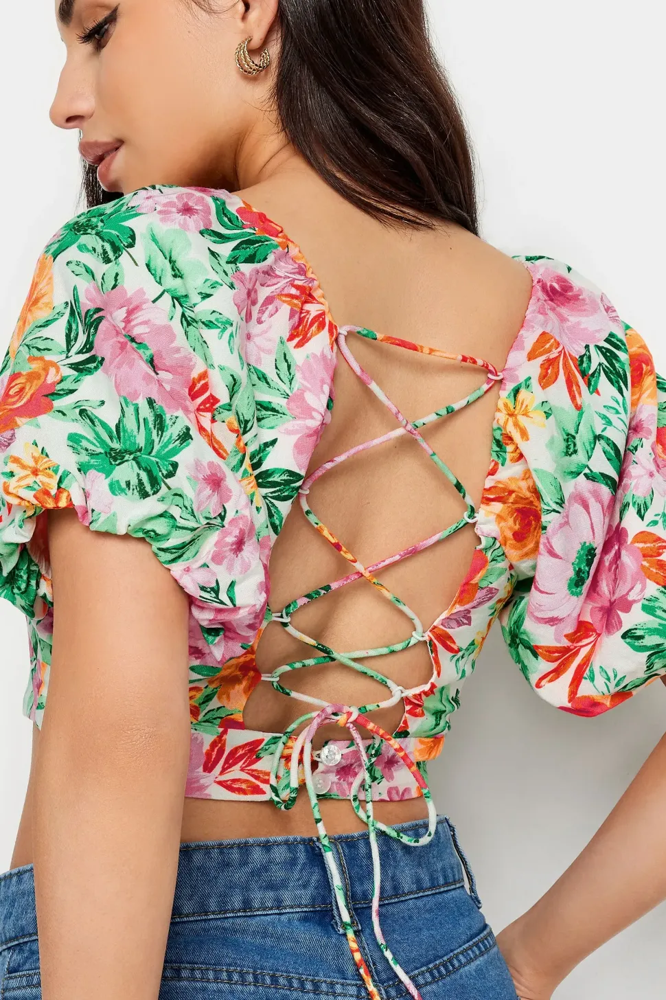 Petite Floral Print Puff Sleeve Crop Top