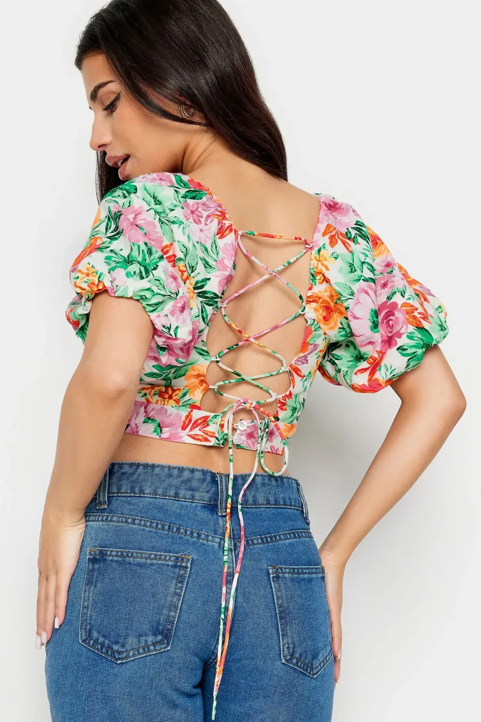 Petite Floral Print Puff Sleeve Crop Top