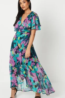 Petite Floral Print Ruffle Sleeve Wrap Maxi Dress