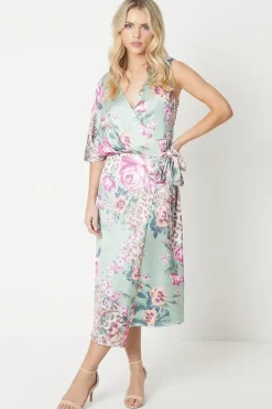 Petite Floral Print Satin Wrap Midi Dress