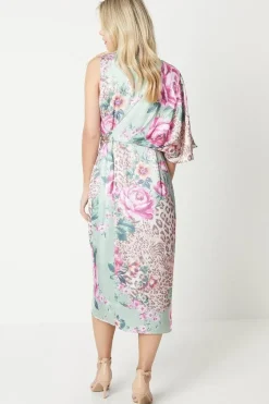 Petite Floral Print Satin Wrap Midi Dress