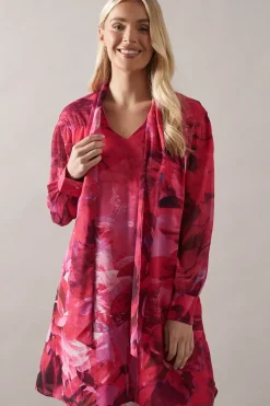 Petite Floral Print Tie Neck Shift Mini Dress