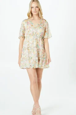Petite Floral Ruffle Burnout Stripe Tiered Mini Dress