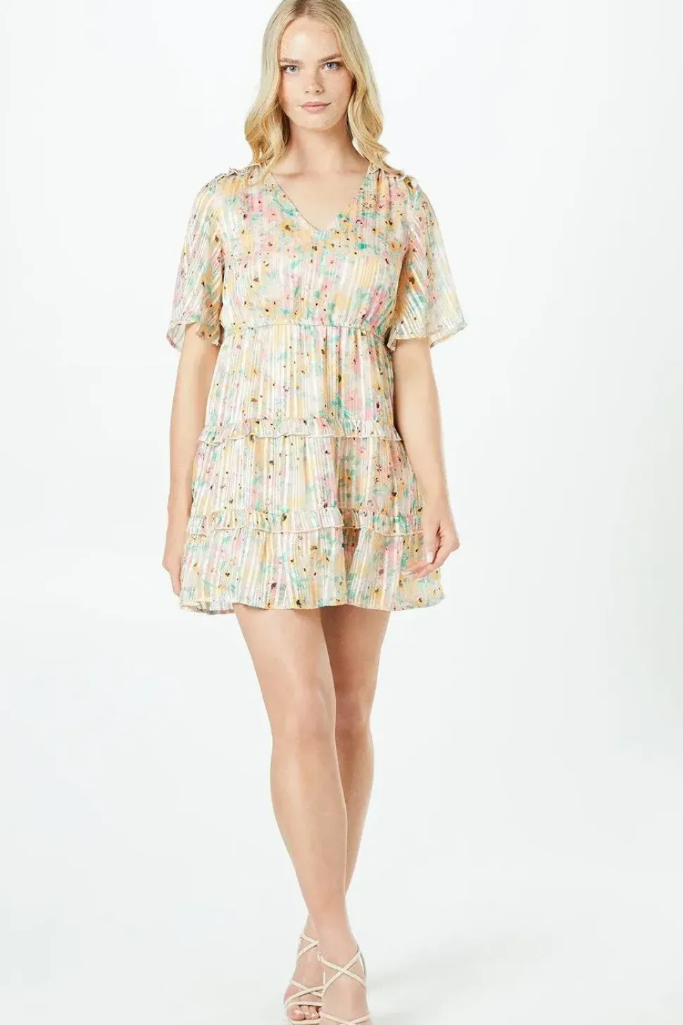 Petite Floral Ruffle Burnout Stripe Tiered Mini Dress