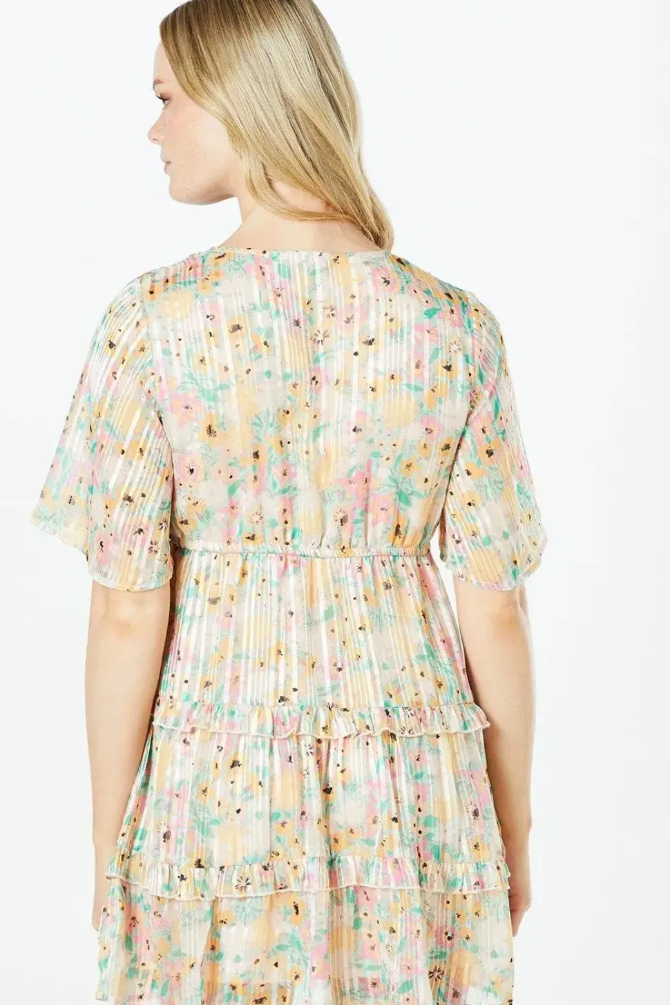 Petite Floral Ruffle Burnout Stripe Tiered Mini Dress