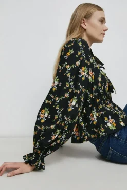 Petite Floral Ruffle Detail Lace Up Blouse
