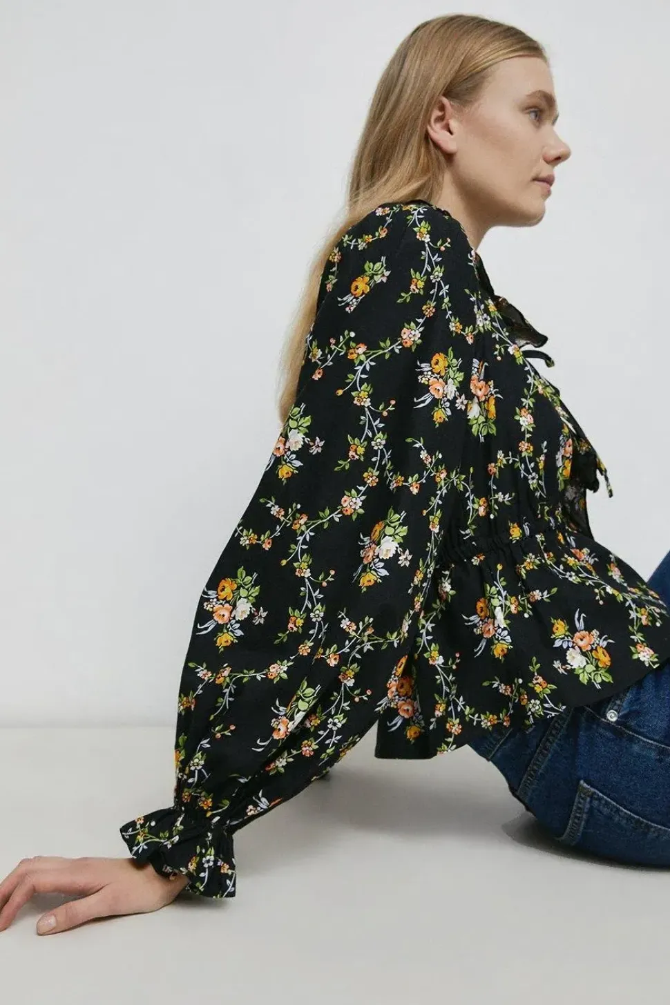 Petite Floral Ruffle Detail Lace Up Blouse