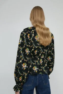 Petite Floral Ruffle Detail Lace Up Blouse