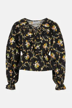 Petite Floral Ruffle Detail Lace Up Blouse