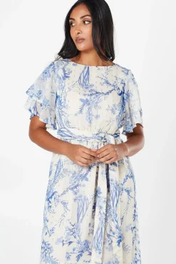 Petite Floral Ruffle Metallic Sleeve Belted Midaxi Dress
