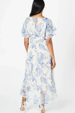 Petite Floral Ruffle Metallic Sleeve Belted Midaxi Dress