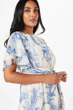 Petite Floral Ruffle Metallic Sleeve Belted Midaxi Dress