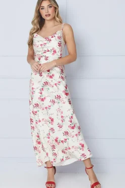 Petite Floral Satin Cowl Double Strap Midi Dress