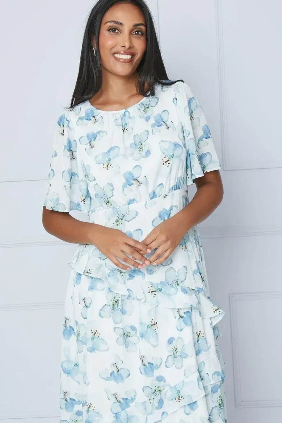 Petite Floral Satin Ruffle Midi Dress