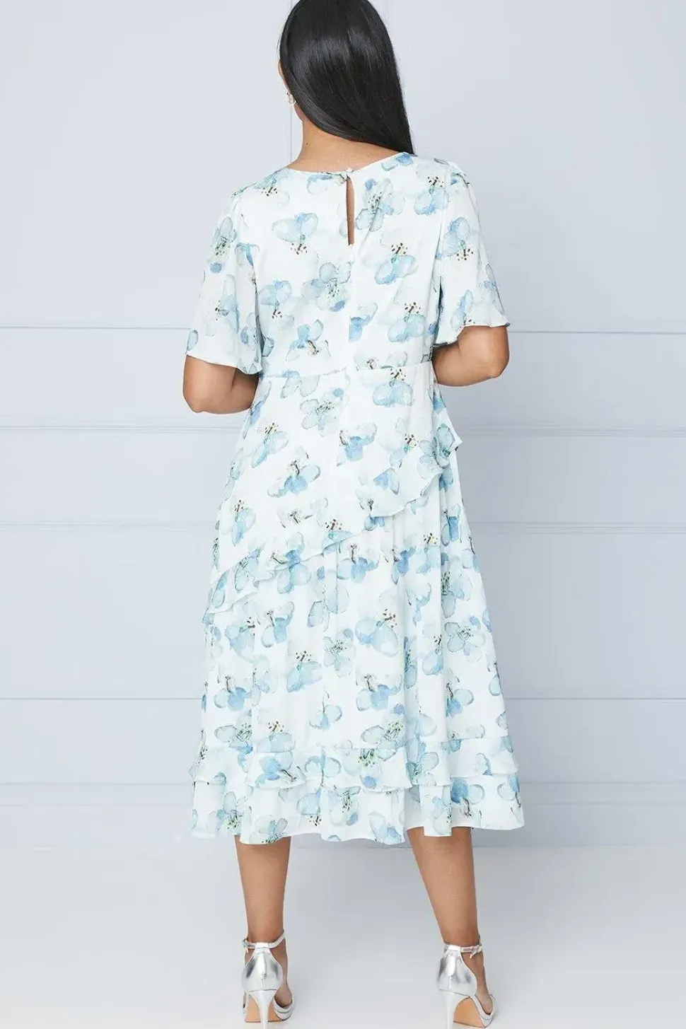 Petite Floral Satin Ruffle Midi Dress
