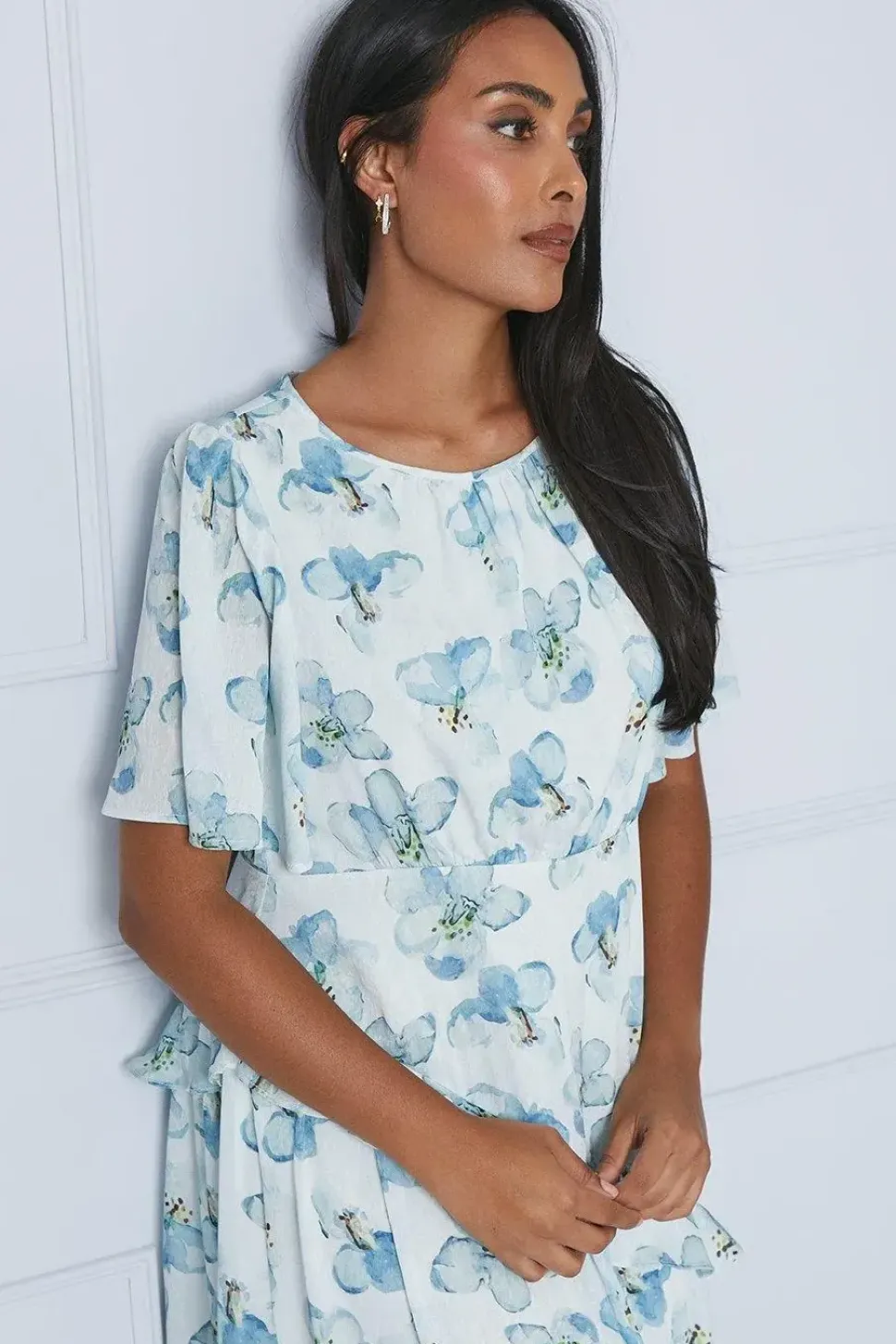 Petite Floral Satin Ruffle Midi Dress